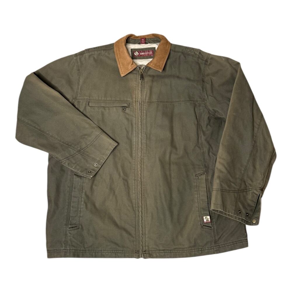 Dri-Duck Barn Jacket green canvan  & brown leather collar size XXL